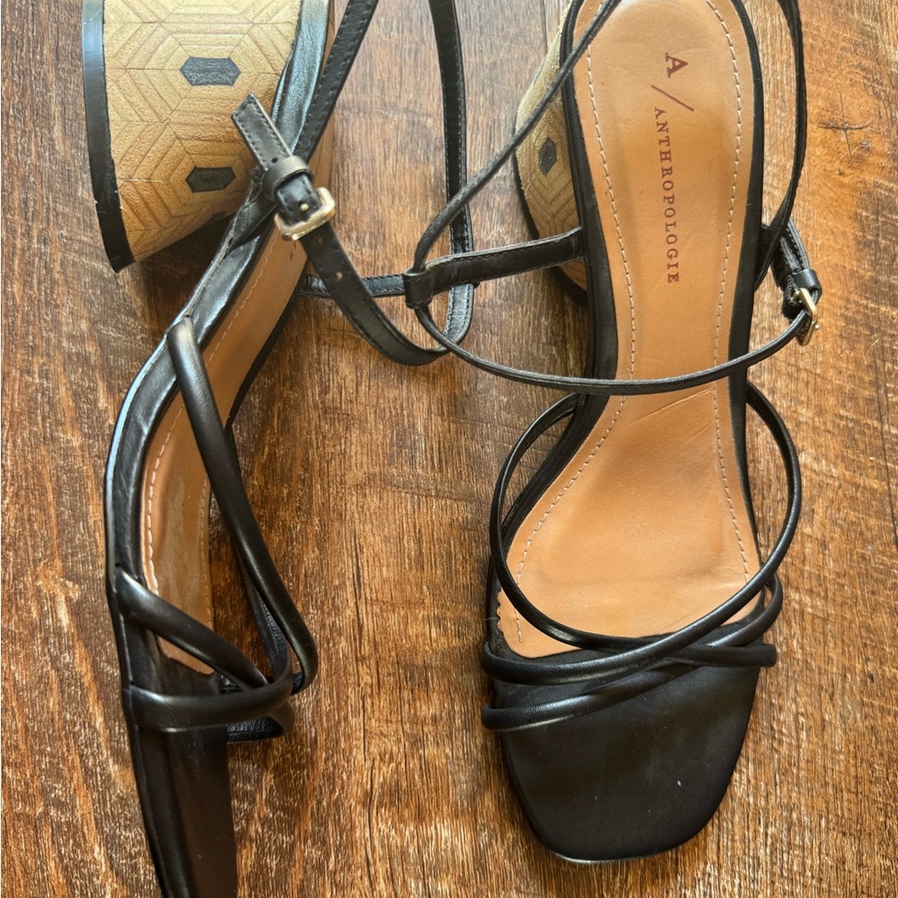 Anthropologie Black Strappy Block Heel Sandals Geometric Heel Size 40 NWT